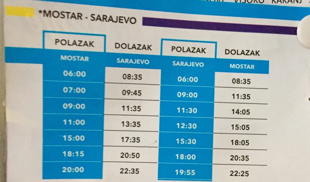 Mostar to Sarajevo 時刻表