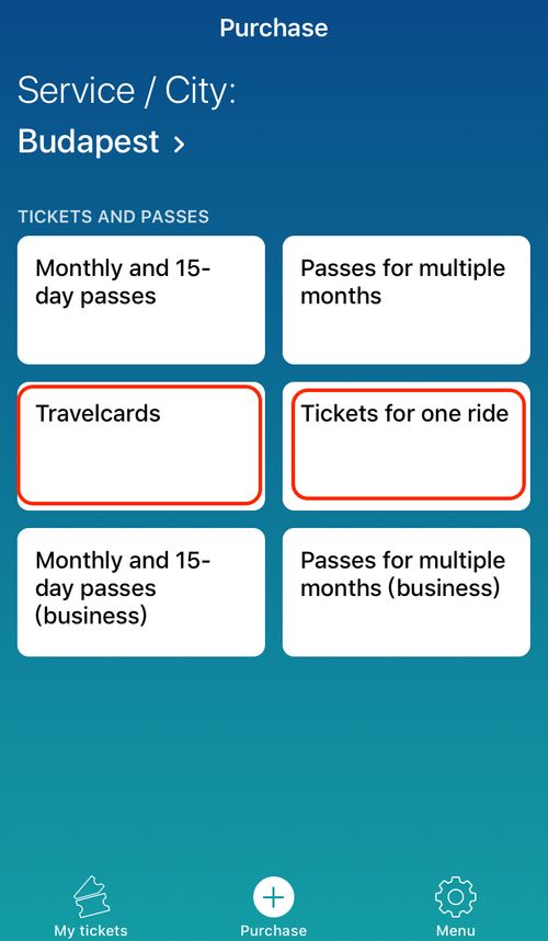 一般觀光客透過布達佩斯交通卡App買票，主要看Travelcard、Tickets for one ride這兩項就可以。