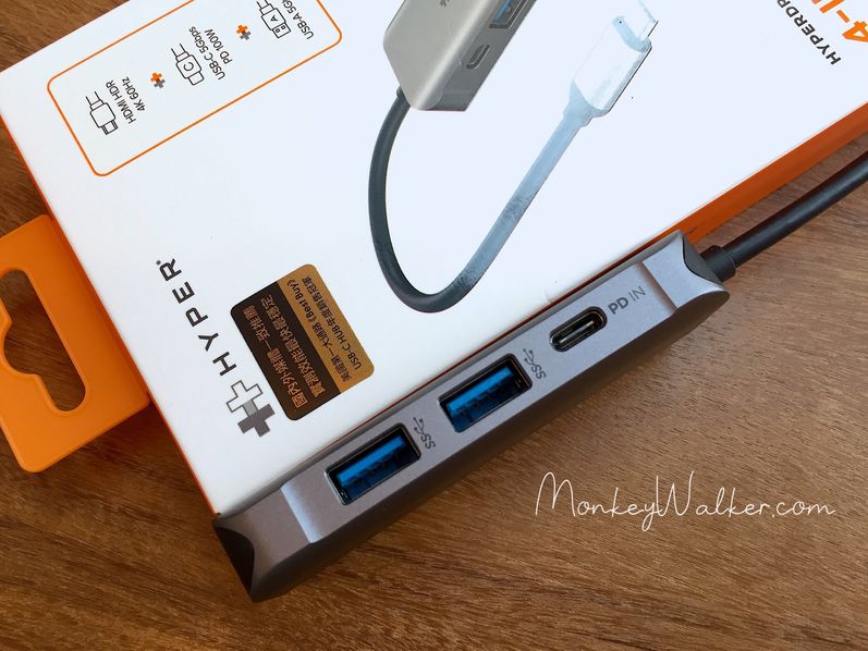 HyperDrive USB-C 4 in 1 Hub的側面有2個USB-A與Type-C 100W快速充電。