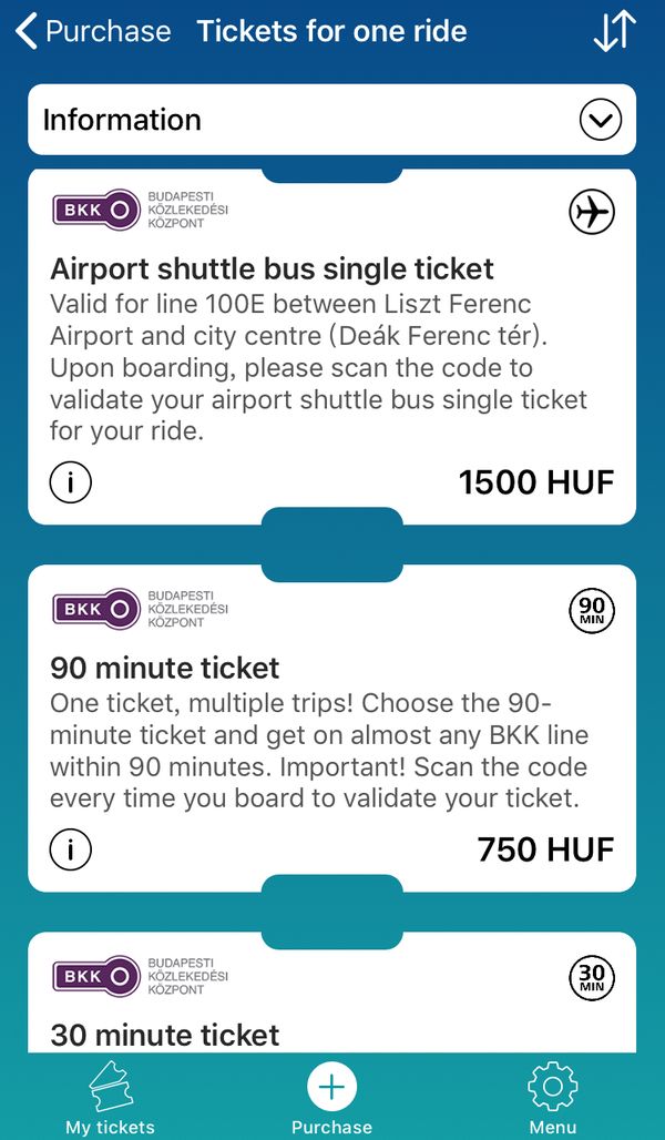 布達佩斯交通卡App，可以購買機場直達巴士100E.