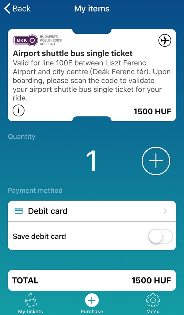 布達佩斯的交通卡App，可以直接購買100E巴士票，一次最多可以買10張，直接上車掃描QR CODE給司機看就可以囉。