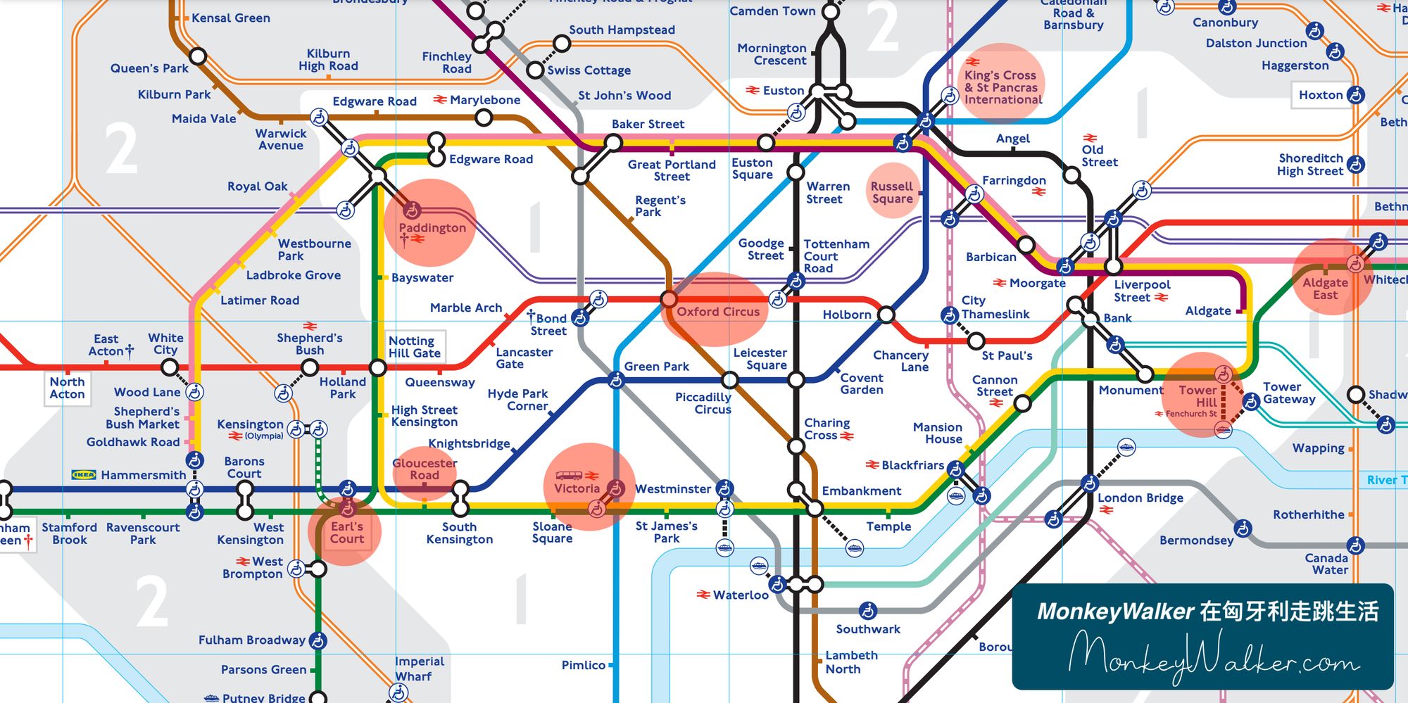 倫敦飯店住宿地鐵圖，推薦這幾站交通都很方便。