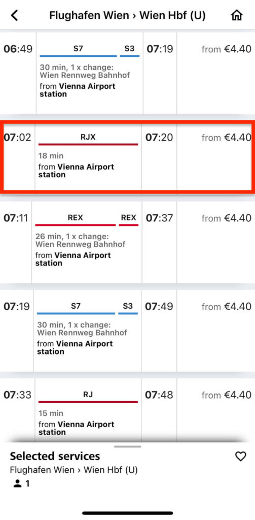 維也納自由行：維也納機場到市區交通， 透過OBB App 購票，票價相同、當然要選直達車。